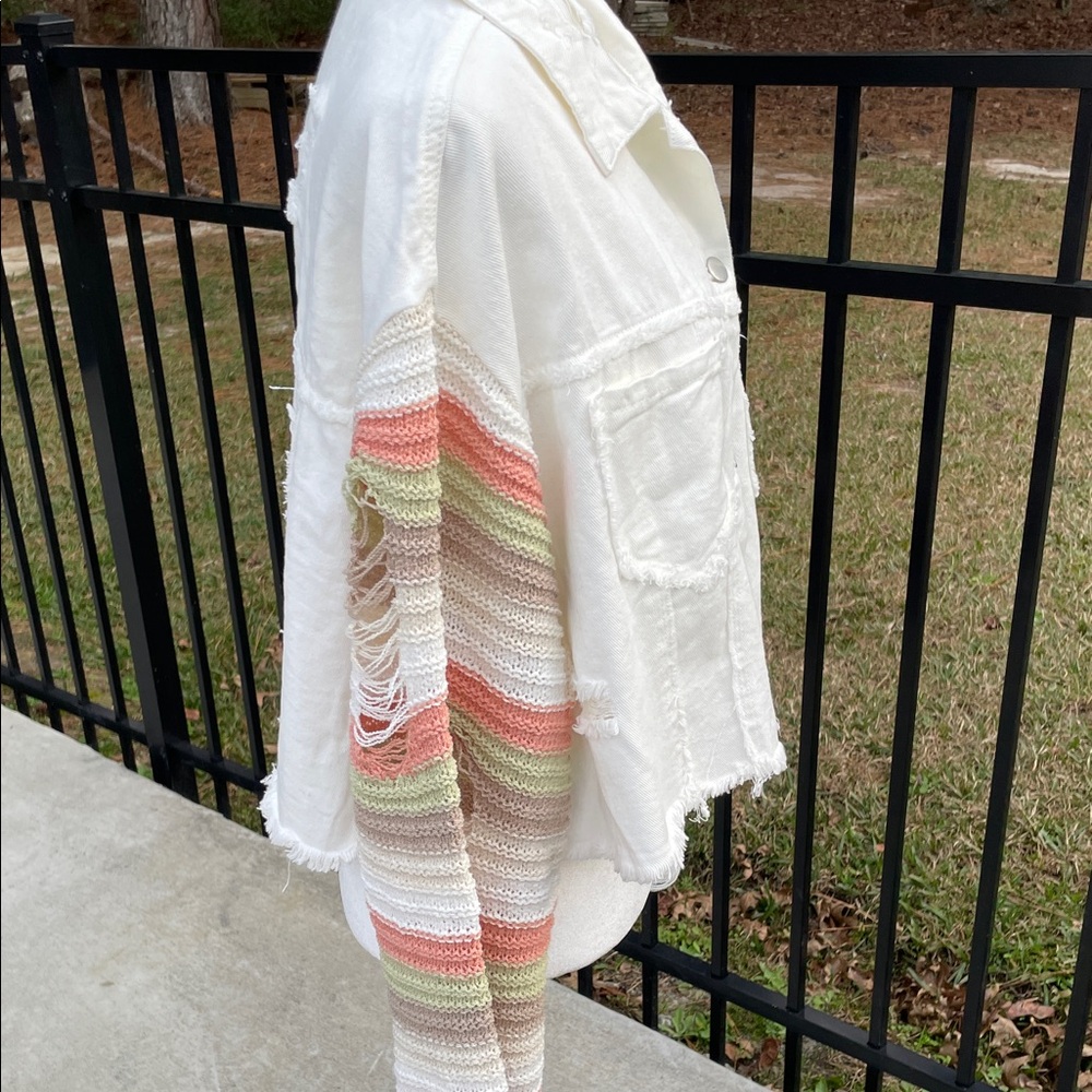 POL White Denim Distressed Jacket Multicolor Striped Crochet sleeves -NWOT - Picture 5 of 7